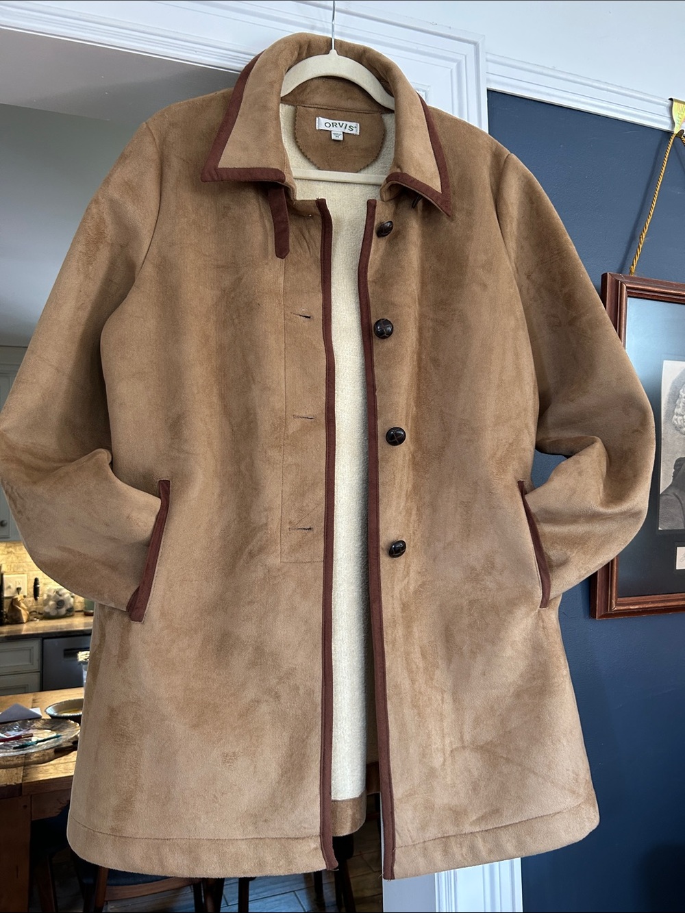 Orvis Women’s  Tan Suede Pea Coat with Brown Trim
